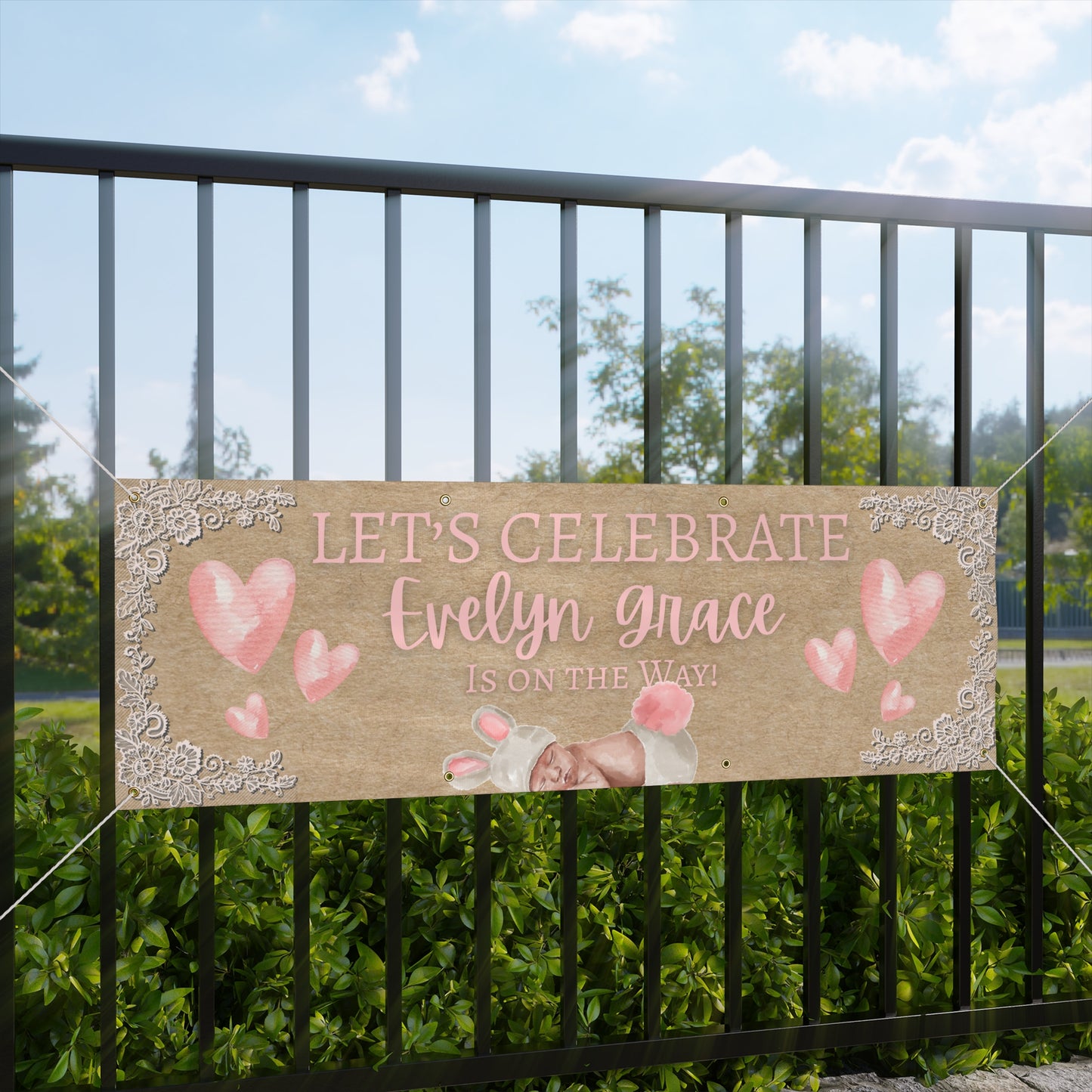 Personalizable Pink Watercolor Baby Shower Banner — Sweet Baby Girl Floral Hearts