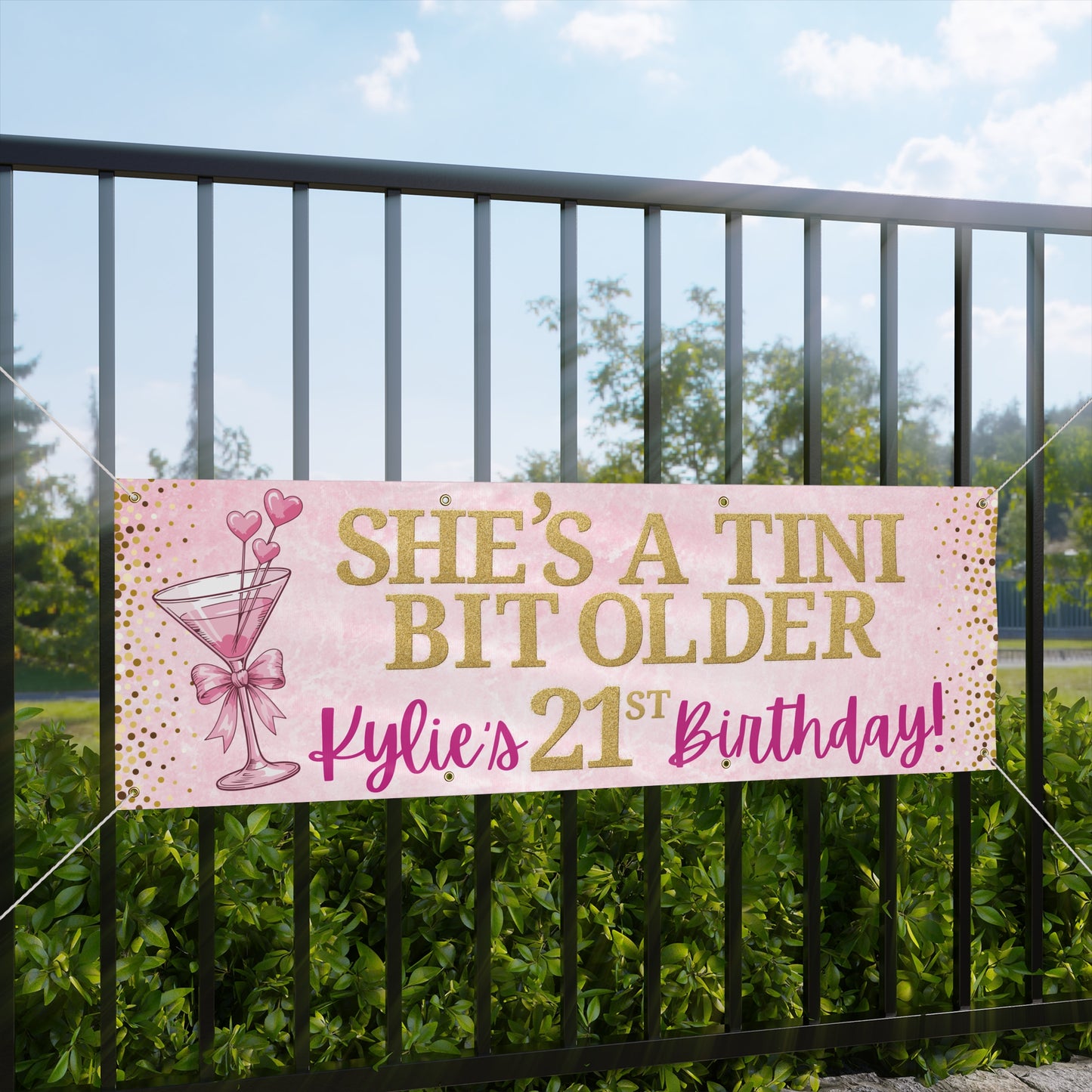 Personalizable 21st Birthday Banner — Gold Confetti & Pink Martini
