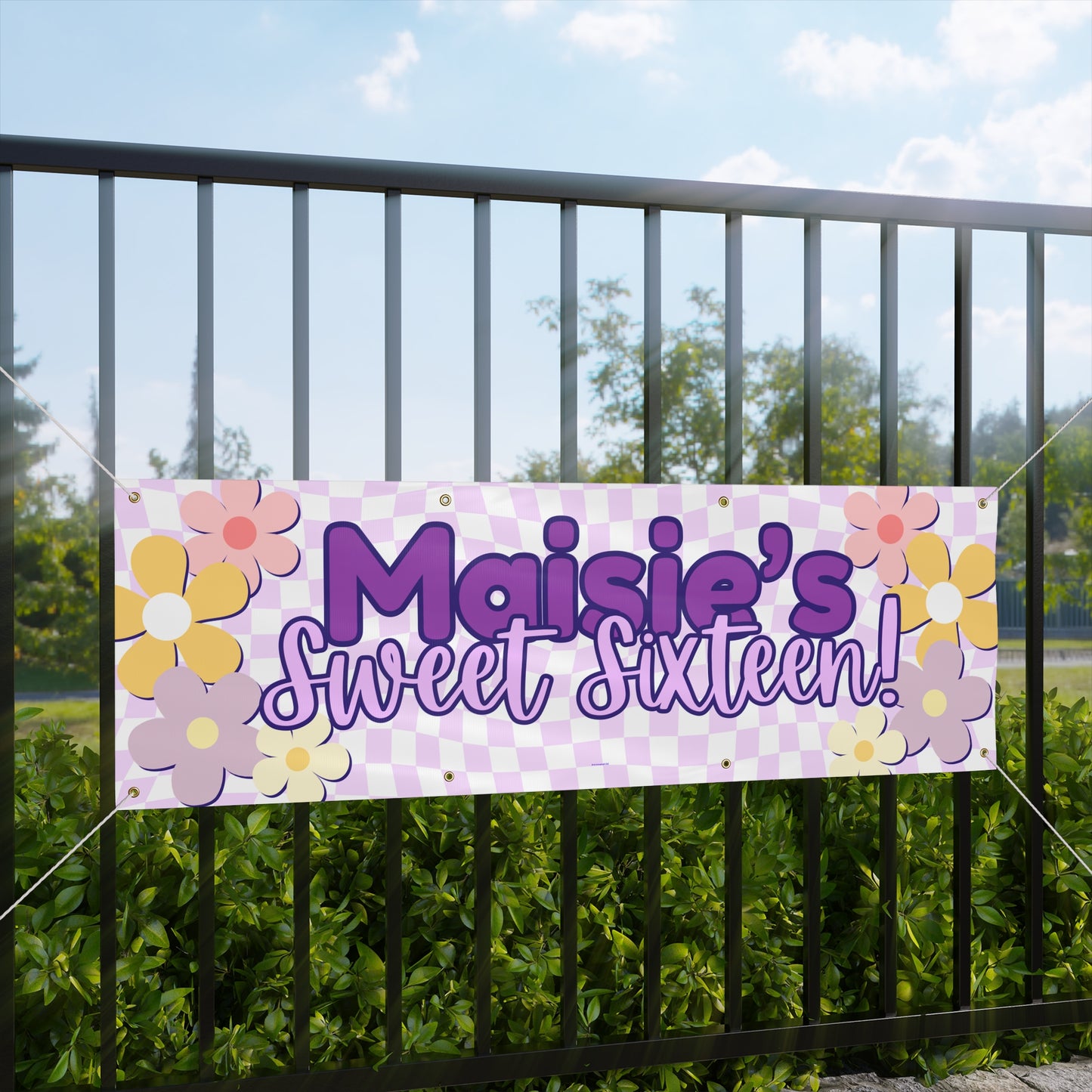 Personalizable Purple Checkered Sweet Sixteen Banner with Cute Flower Details