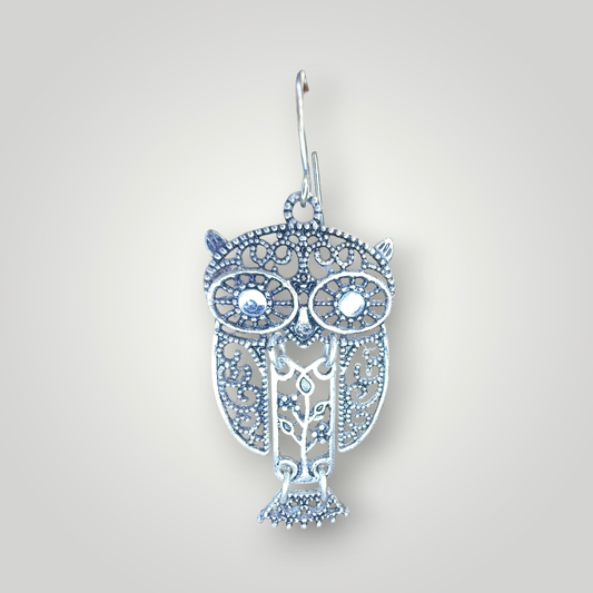 Silver-Tone Filigree Owl Dangle Earrings