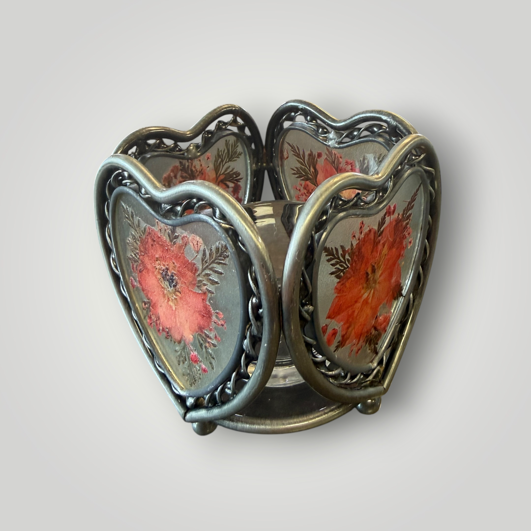 Vintage Pressed Flower Heart Votive Candle Holder