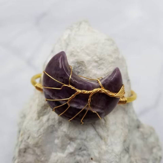 Crystal Moon Gemstone Gold Cuff Bracelet: Purple