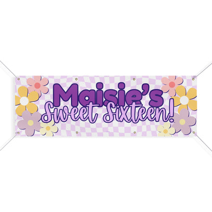 Personalizable Purple Checkered Sweet Sixteen Banner with Cute Flower Details