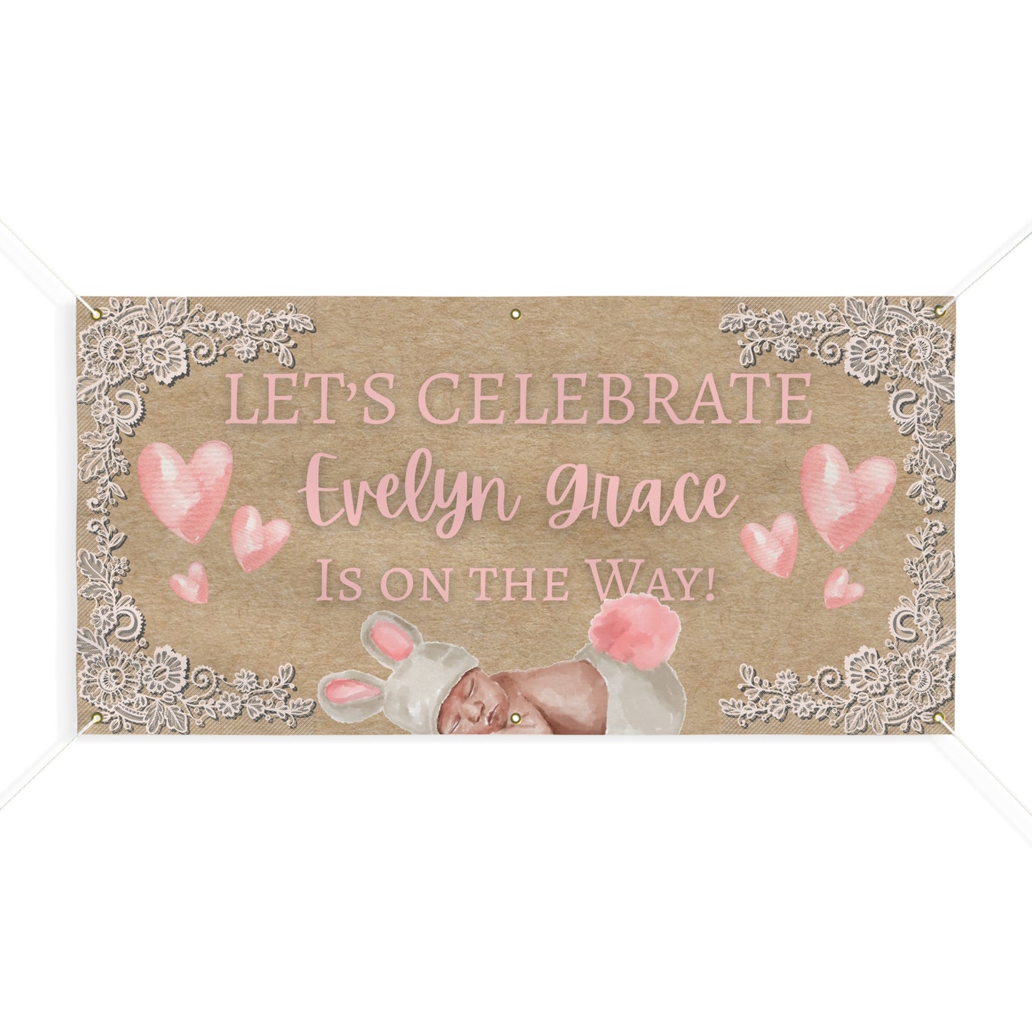 Personalizable Pink Watercolor Baby Shower Banner — Sweet Baby Girl Floral Hearts