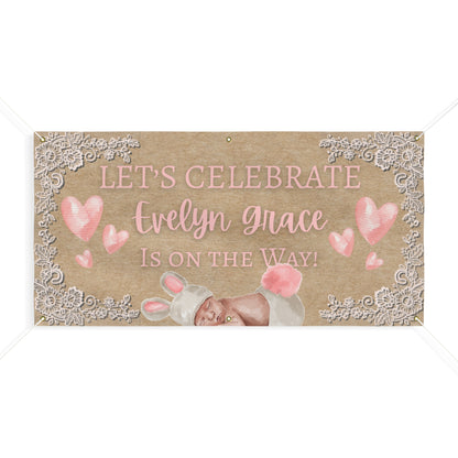 Personalizable Pink Watercolor Baby Shower Banner — Sweet Baby Girl Floral Hearts
