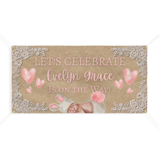 Personalizable Pink Watercolor Baby Shower Banner — Sweet Baby Girl Floral Hearts