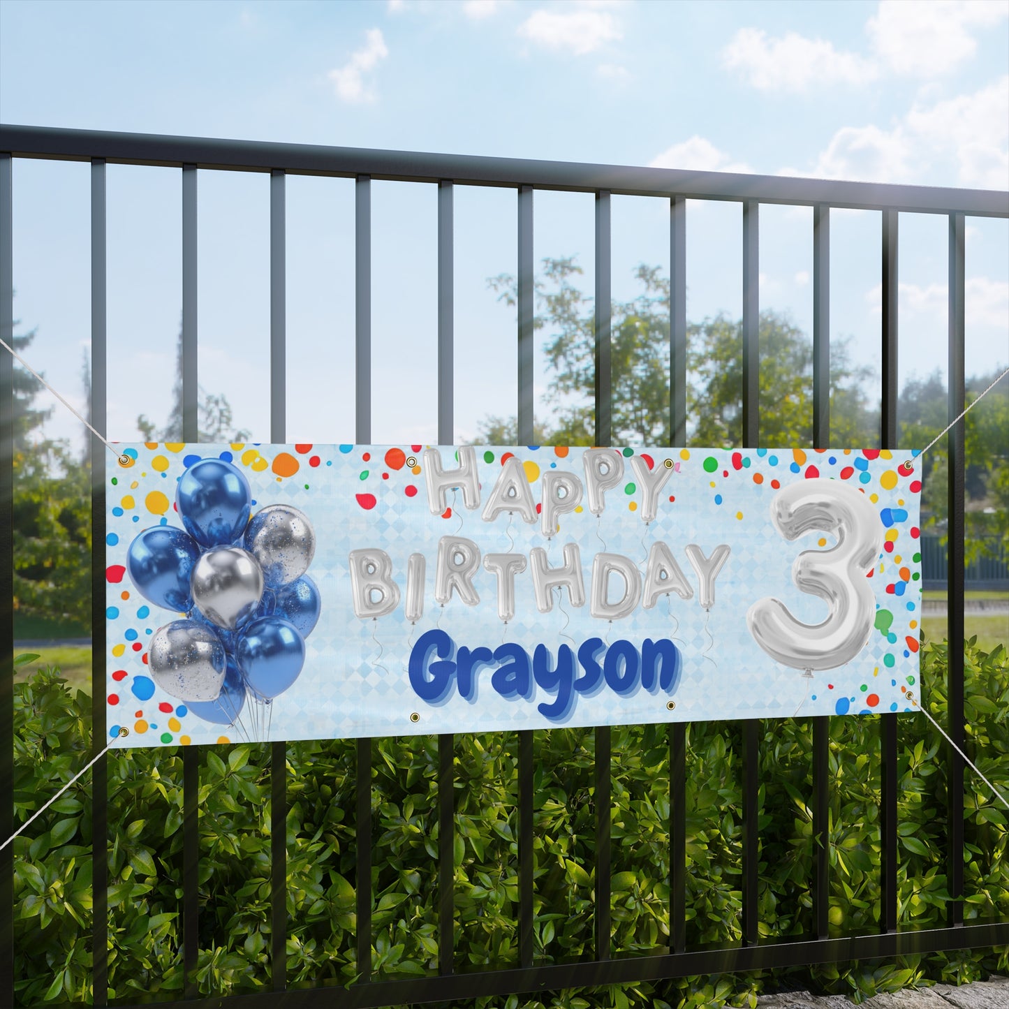 Customizable Blue Birthday Banner — Silver Balloon Letters & Numbers, Confetti Party Decor