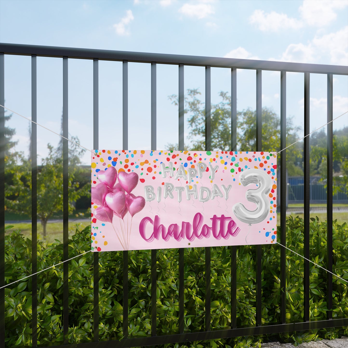 Personalized Pink Birthday Banner — Silver Balloon Letters & Colorful Confetti