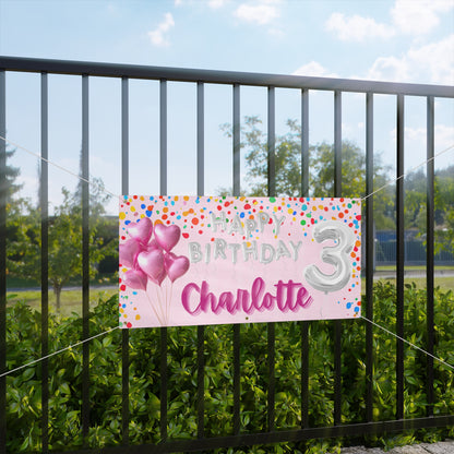 Personalized Pink Birthday Banner — Silver Balloon Letters & Colorful Confetti