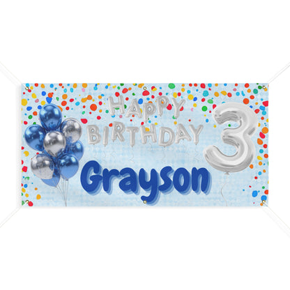 Customizable Blue Birthday Banner — Silver Balloon Letters & Numbers, Confetti Party Decor
