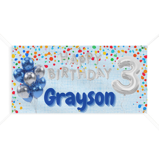 Customizable Blue Birthday Banner — Silver Balloon Letters & Numbers, Confetti Party Decor