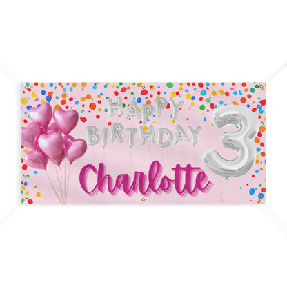 Personalized Pink Birthday Banner — Silver Balloon Letters & Colorful Confetti
