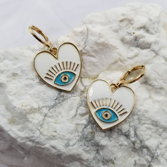Heart Evil Eye Earrings: White