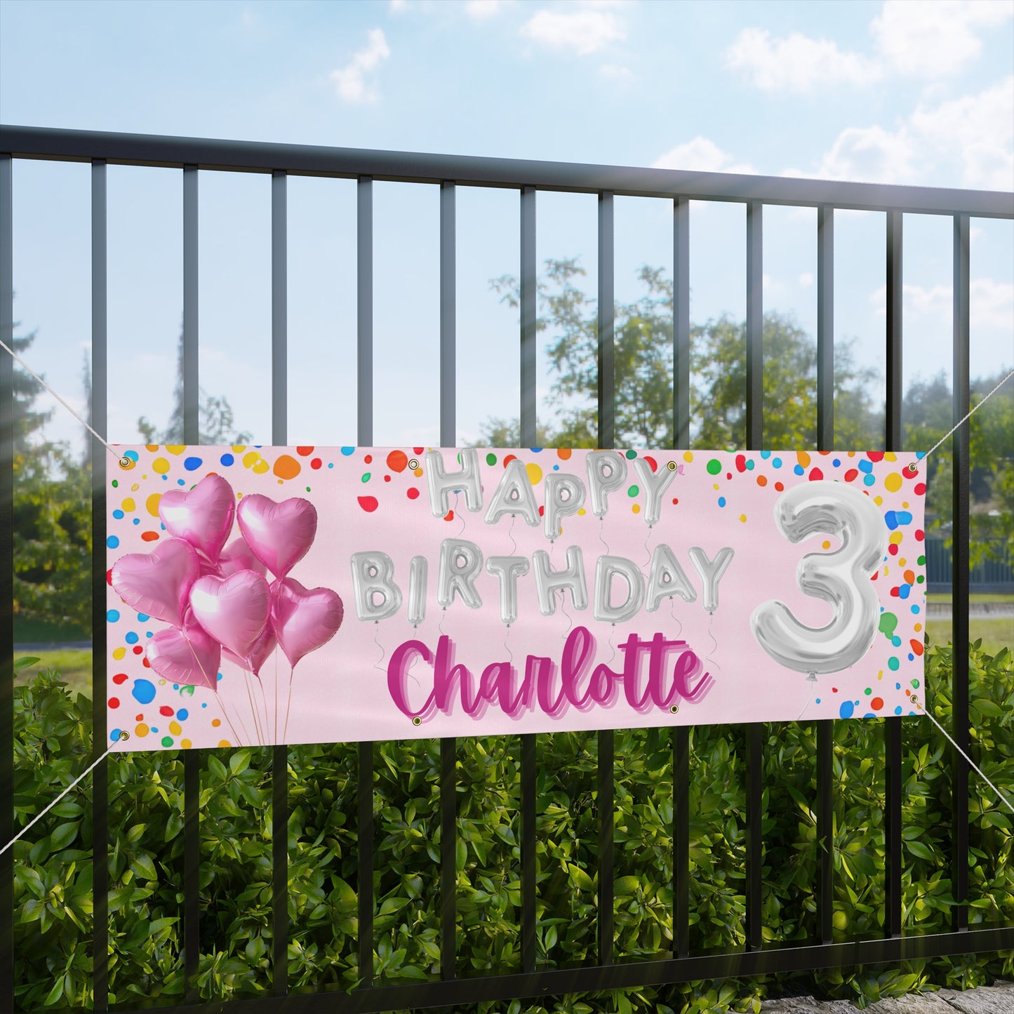 Personalized Pink Birthday Banner — Silver Balloon Letters & Colorful Confetti