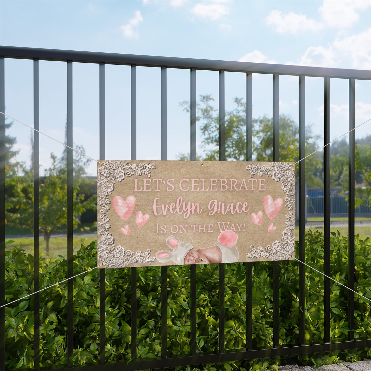 Personalizable Pink Watercolor Baby Shower Banner — Sweet Baby Girl Floral Hearts