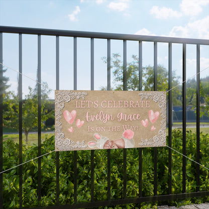 Personalizable Pink Watercolor Baby Shower Banner — Sweet Baby Girl Floral Hearts