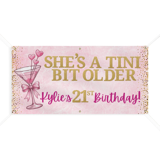 Personalizable 21st Birthday Banner — Gold Confetti & Pink Martini