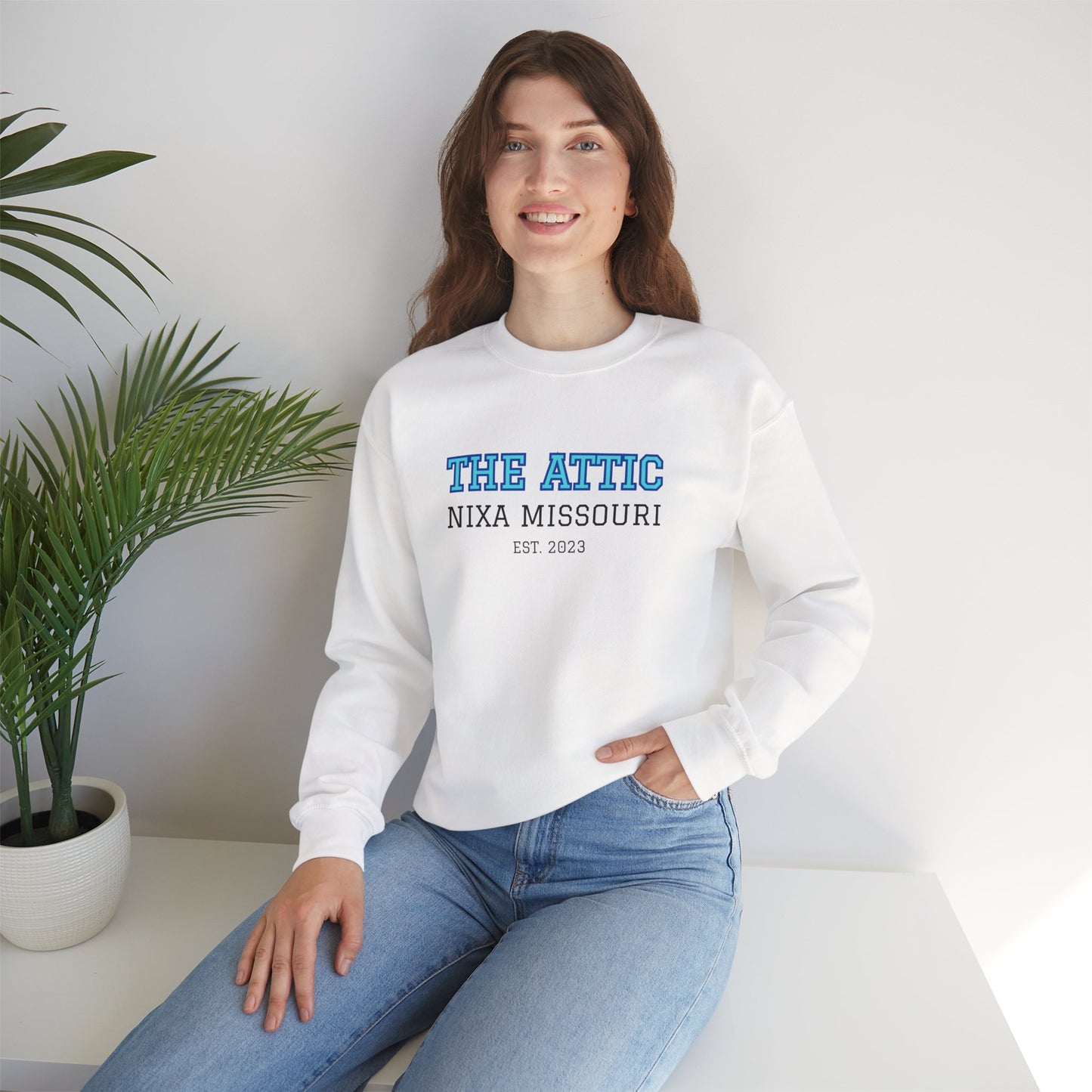 Crewneck Sweatshirt — The Attic Nixa Missouri Est. 2023 College-Style Pullover