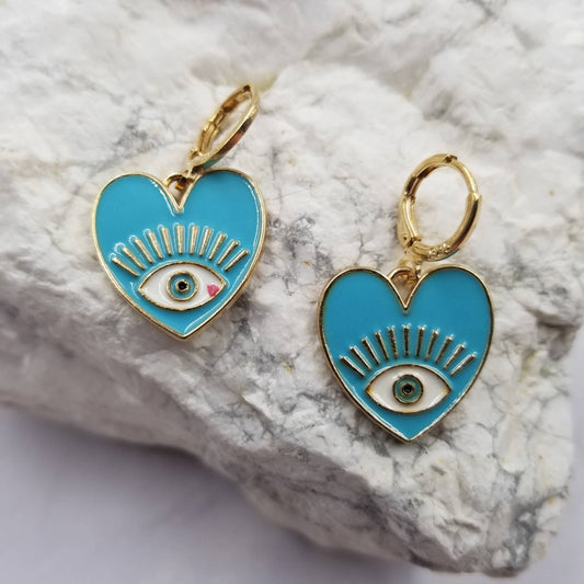 Heart Evil Eye Earrings: Light Blue