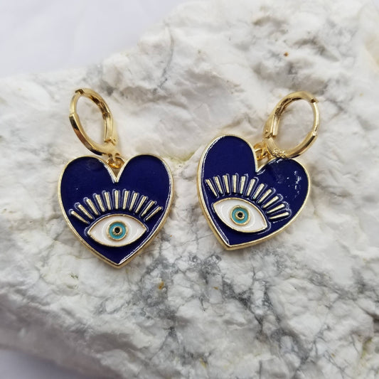 Heart Evil Eye Earrings: Dark Blue