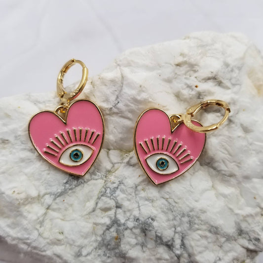 Heart Evil Eye Earrings: Pink