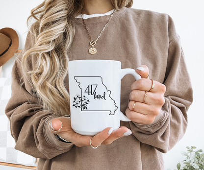 Missouri 417 Land Coffee Mug — 11oz State Outline with Floral Accent