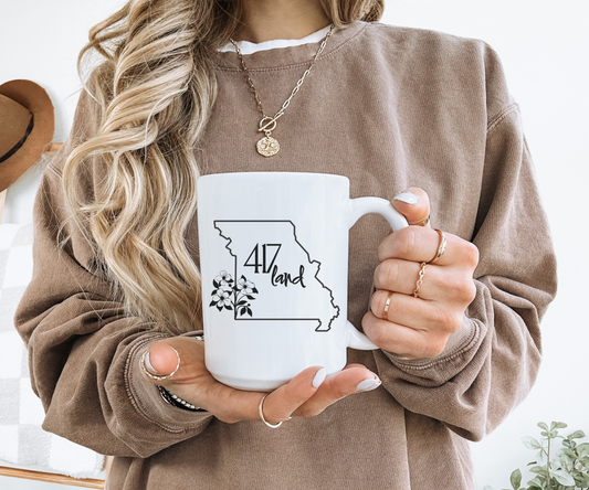 Missouri 417 Land Coffee Mug — 11oz State Outline with Floral Accent