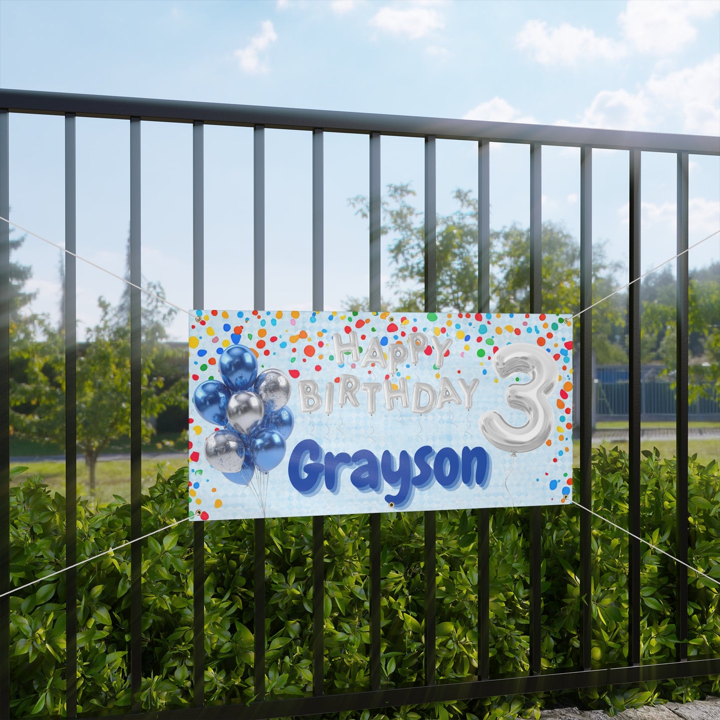 Customizable Blue Birthday Banner — Silver Balloon Letters & Numbers, Confetti Party Decor