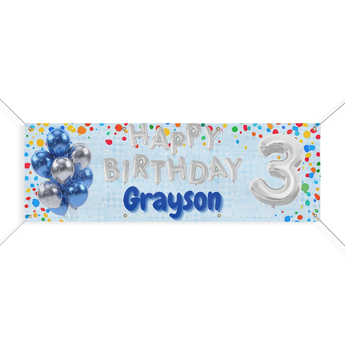 Customizable Blue Birthday Banner — Silver Balloon Letters & Numbers, Confetti Party Decor