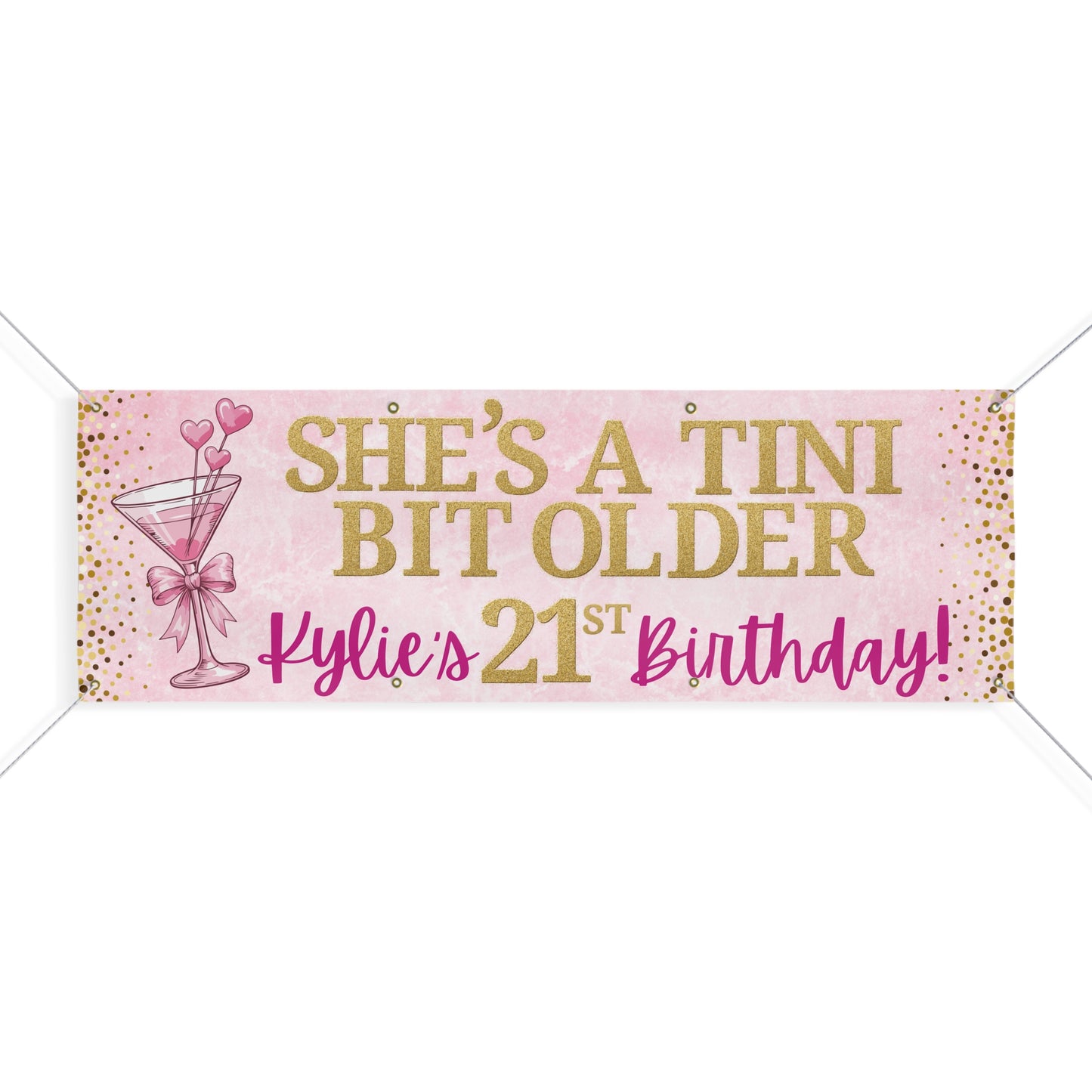 Personalizable 21st Birthday Banner — Gold Confetti & Pink Martini