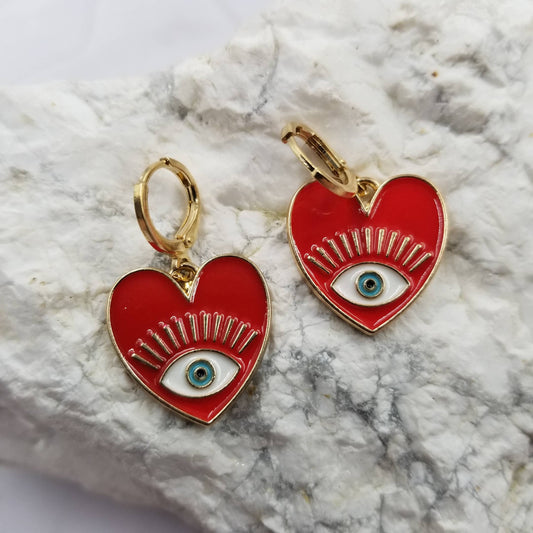 Heart Evil Eye Earrings: Red