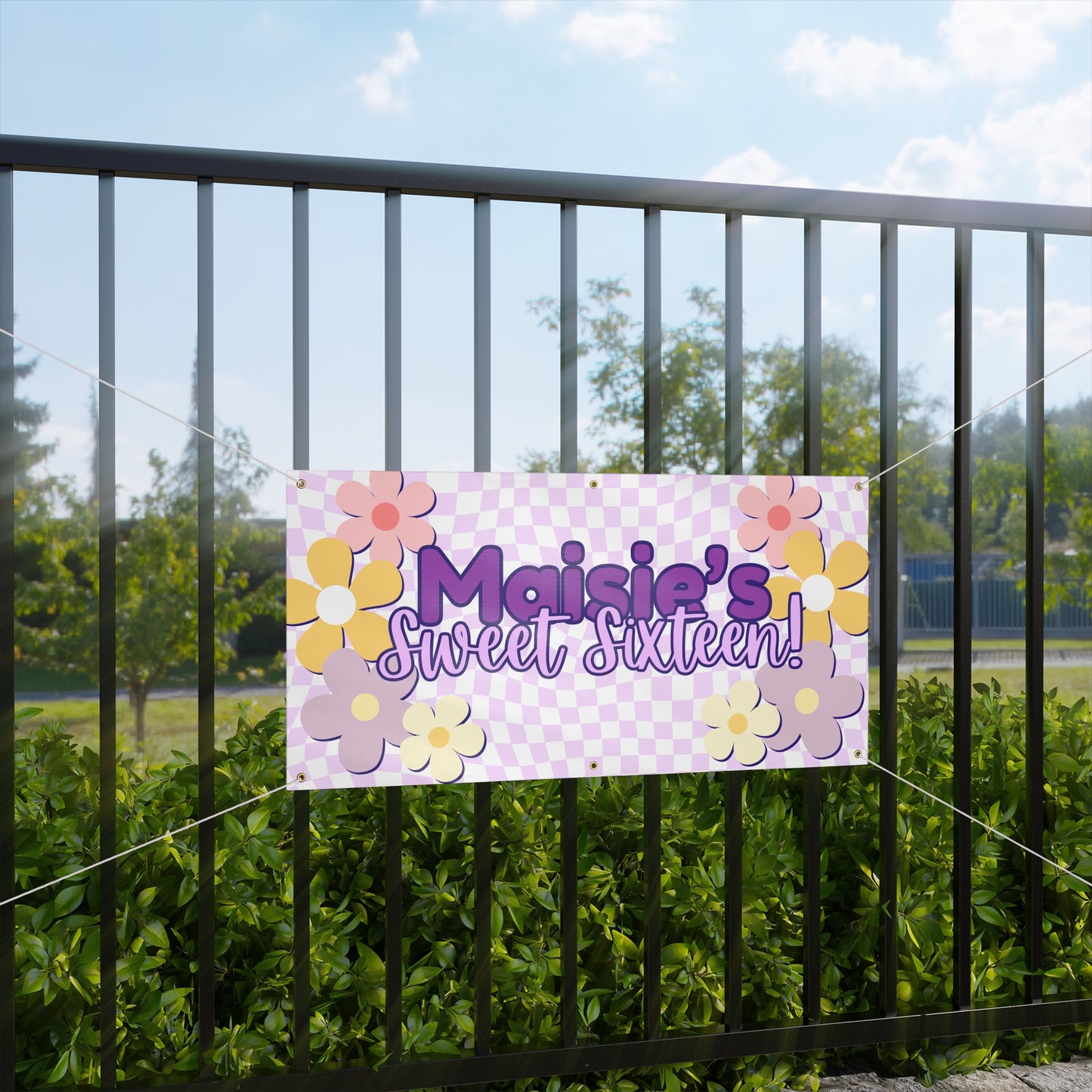 Personalizable Purple Checkered Sweet Sixteen Banner with Cute Flower Details
