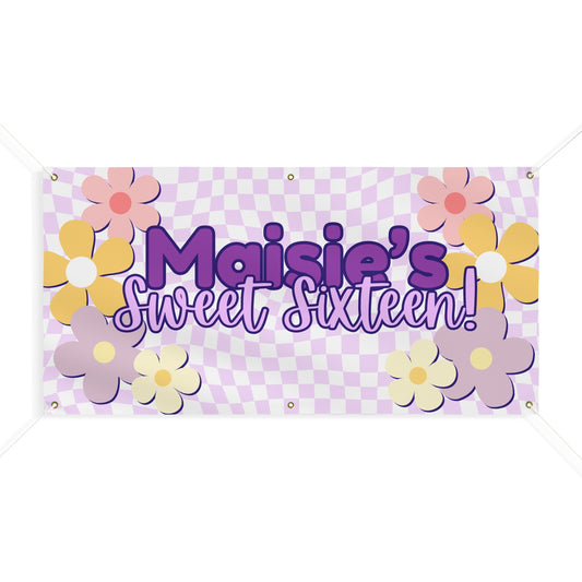 Personalizable Purple Checkered Sweet Sixteen Banner with Cute Flower Details