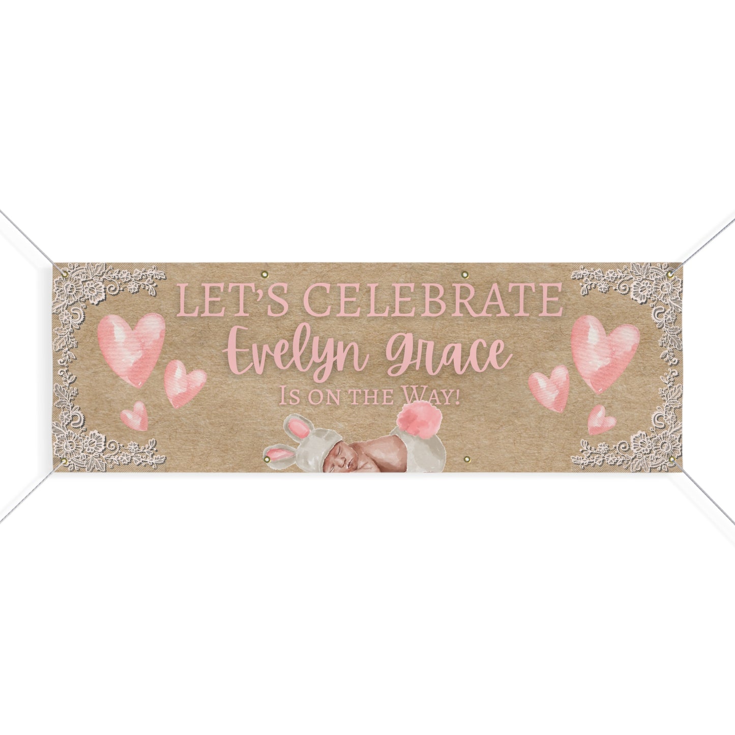 Personalizable Pink Watercolor Baby Shower Banner — Sweet Baby Girl Floral Hearts