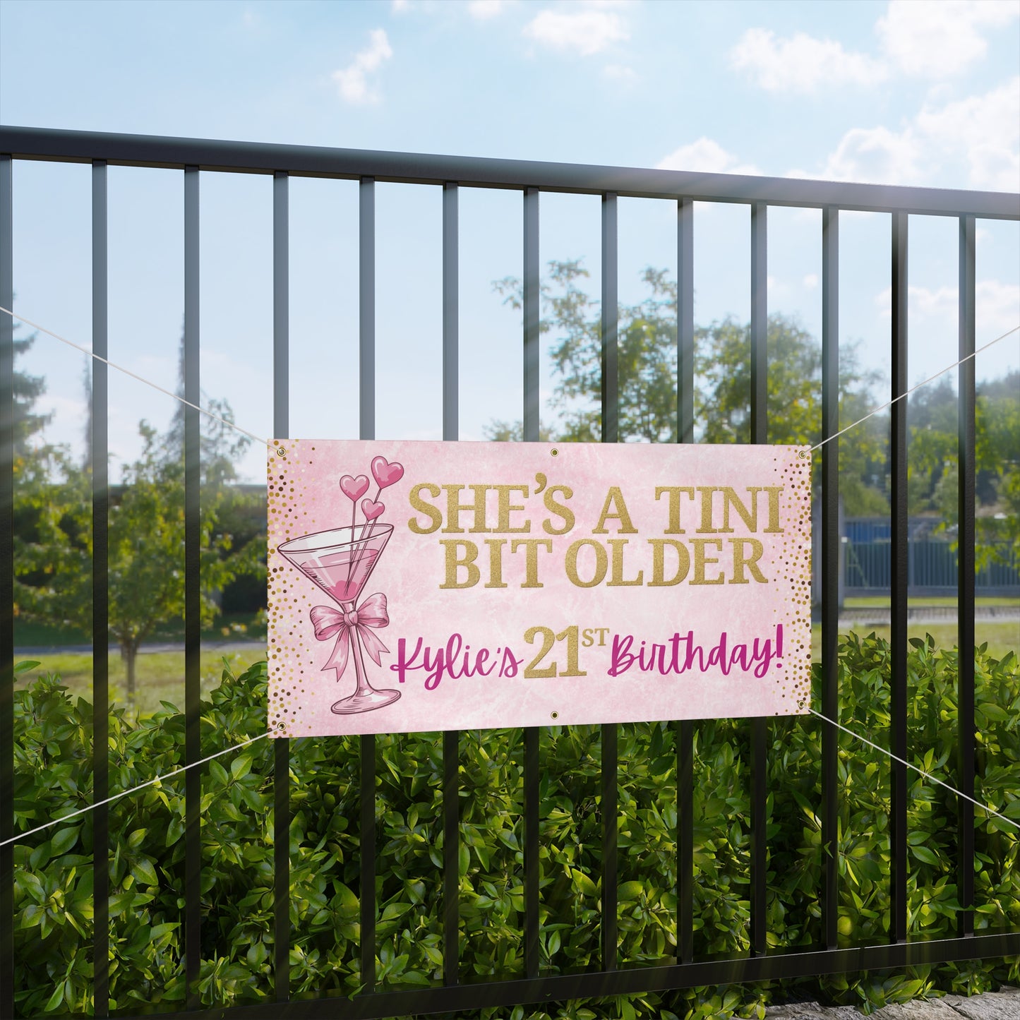 Personalizable 21st Birthday Banner — Gold Confetti & Pink Martini