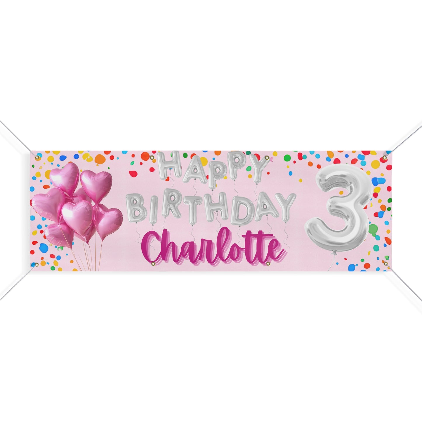 Personalized Pink Birthday Banner — Silver Balloon Letters & Colorful Confetti
