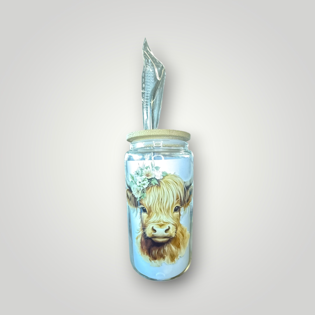 Highland Cow Glass Tumbler with Straw 🐮🌼