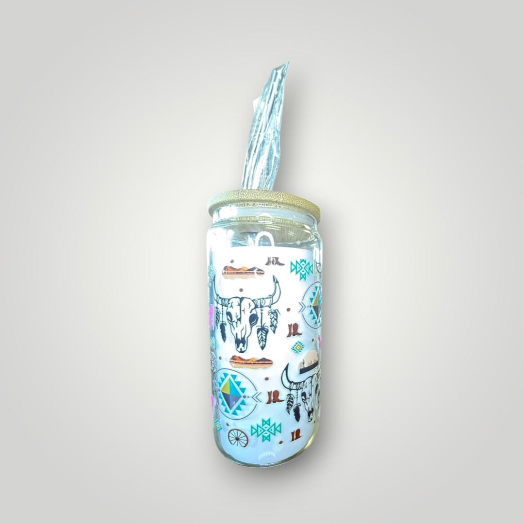 Southwestern Boho Glass Tumbler 🐂🌵🩵