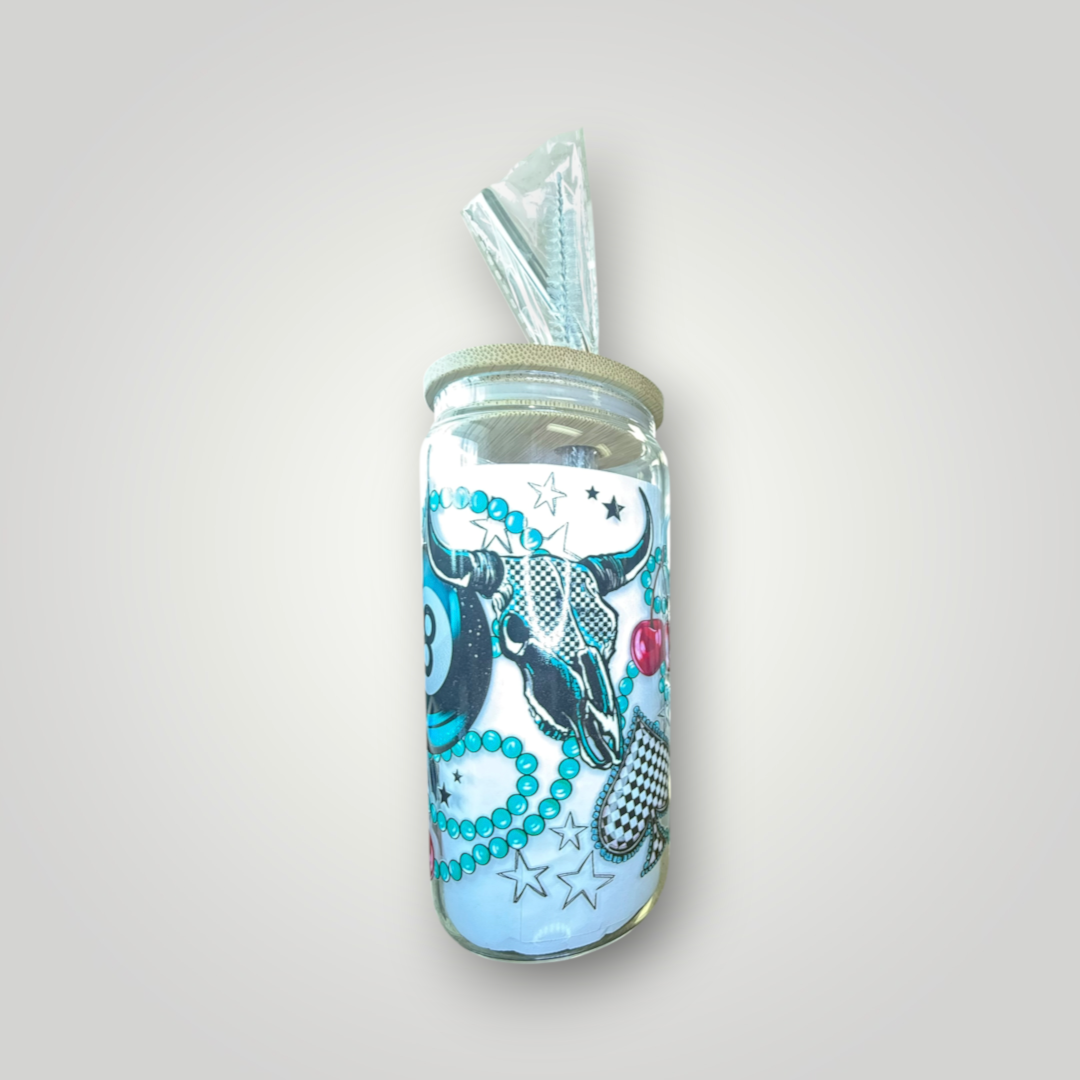 Western 8-Ball Cowgirl Glass Tumbler 🎱🩵🤠
