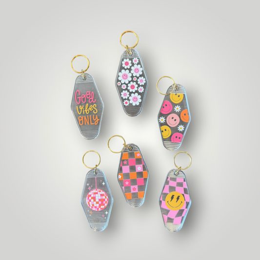 Clear Retro Good Vibes Motel Keychain Collection