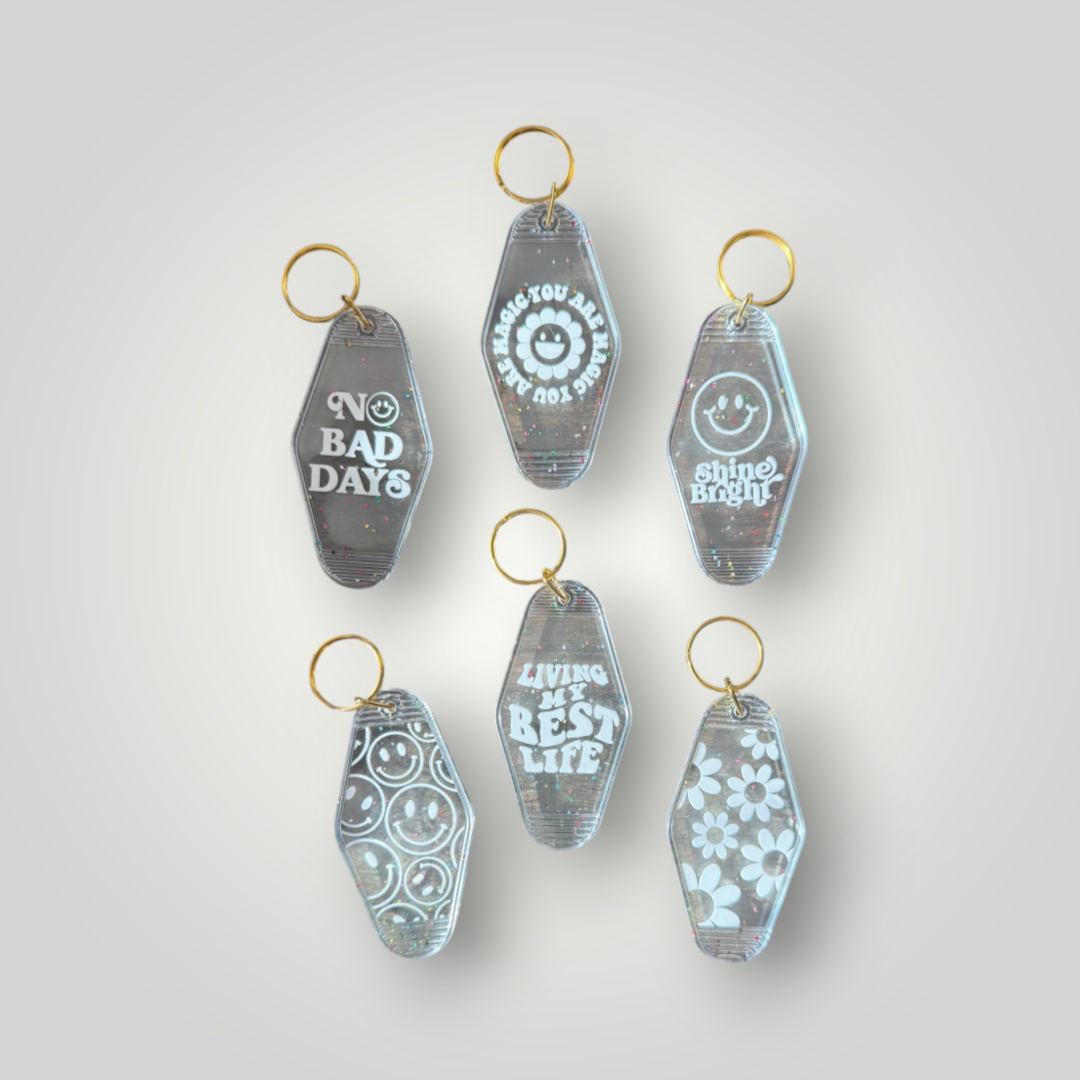 Clear Sparkle Good Vibes Retro Motel Keychain Collection