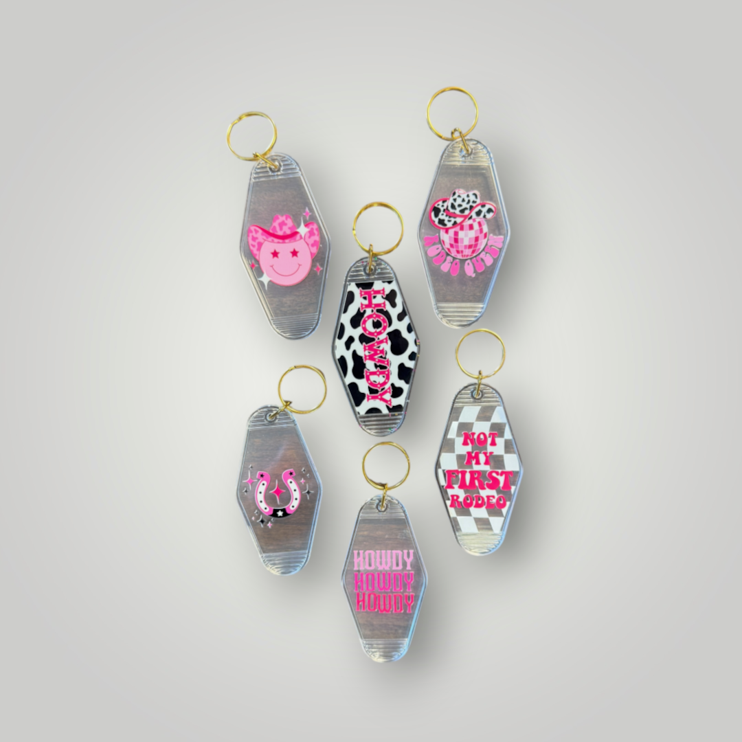 Clear Pink Cowgirl Retro Motel Keychain Collection