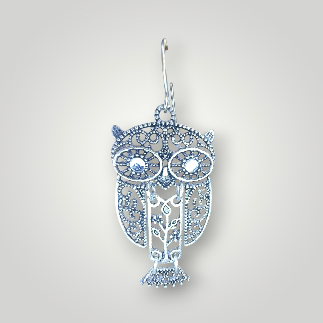 Silver-Tone Filigree Owl Dangle Earrings