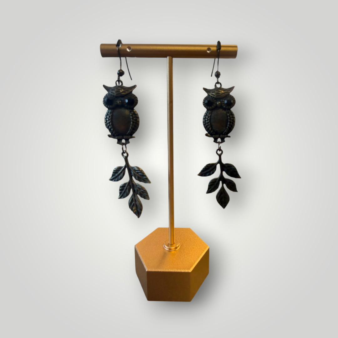 Antique Bronze Owl & Leaf Dangle Earrings