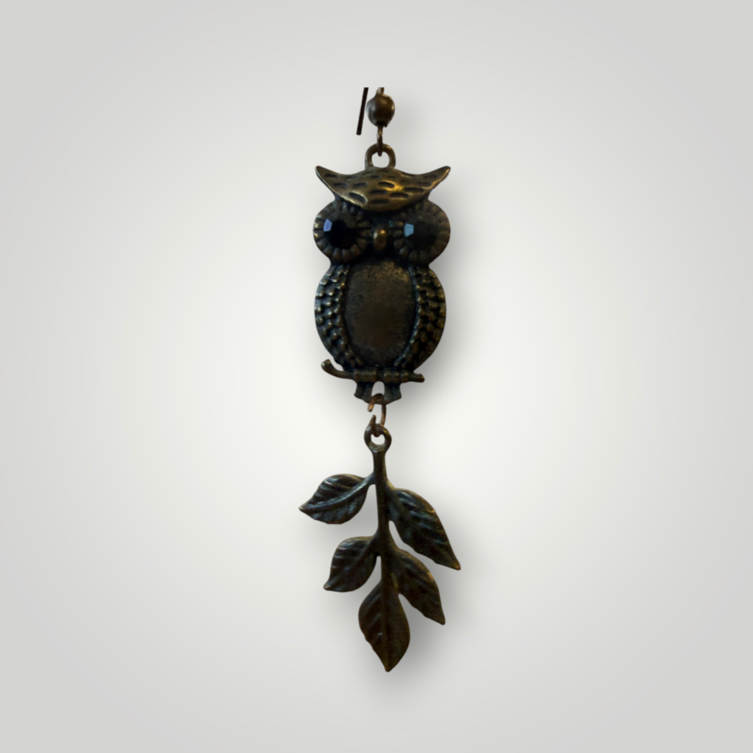 Antique Bronze Owl & Leaf Dangle Earrings