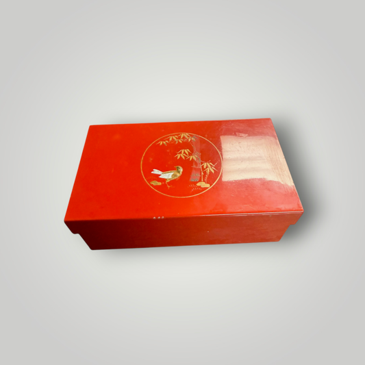 Vintage Made in Japan Red Decorative Box with Bird & Bamboo