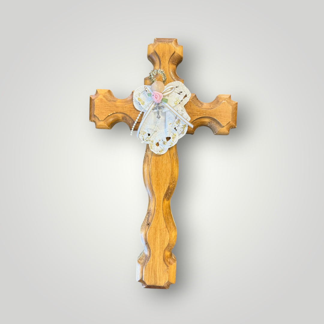 Wooden Wall Cross with Lace Angel
