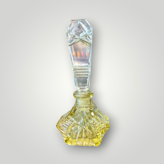 Vintage Yellow Cut Glass Perfume Bottle with Clear Stopper