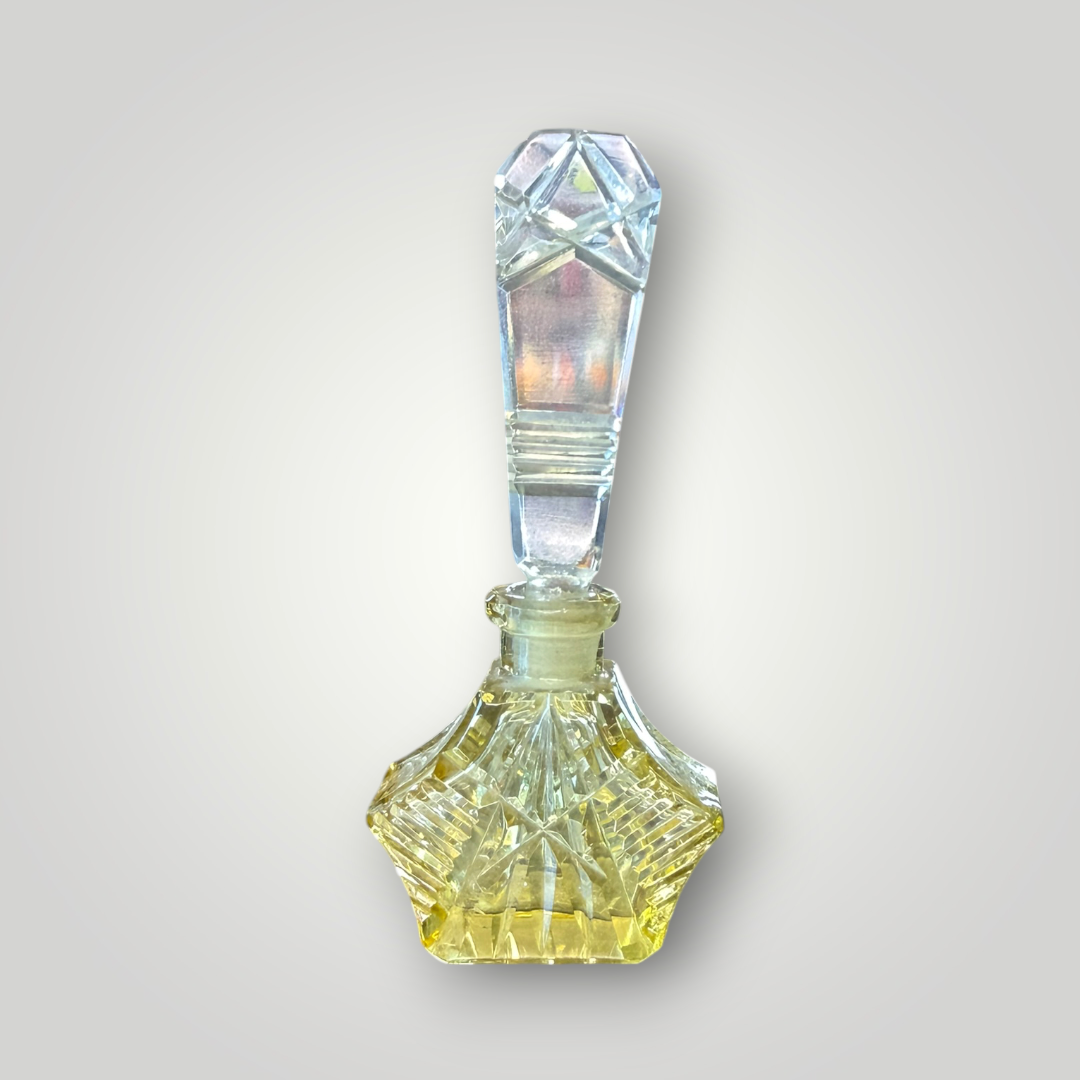 Vintage Yellow Cut Glass Perfume Bottle with Clear Stopper