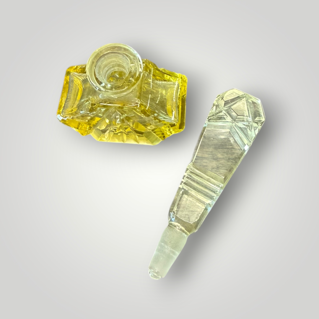 Vintage Yellow Cut Glass Perfume Bottle with Clear Stopper